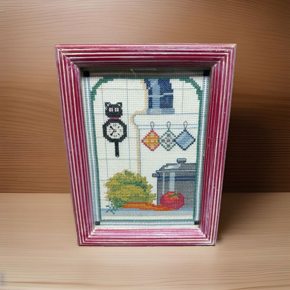 Vintage Finished Cross Stitch Framed Kitchen Scene Cat Clock Retro Cottagecore